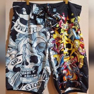 Ed Hardy Swim Trunks Board Shorts Y2K Hollywood Graphic Size 36 Embroidered~W3